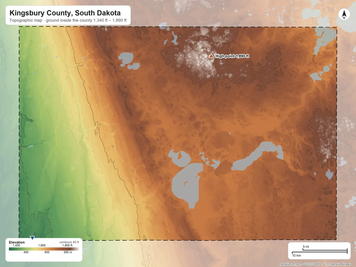 Topographic elevation map of Kingsbury County, South Dakota, shaded from 1,340 ft on the southwest side to 1,890 ft on the northeast side