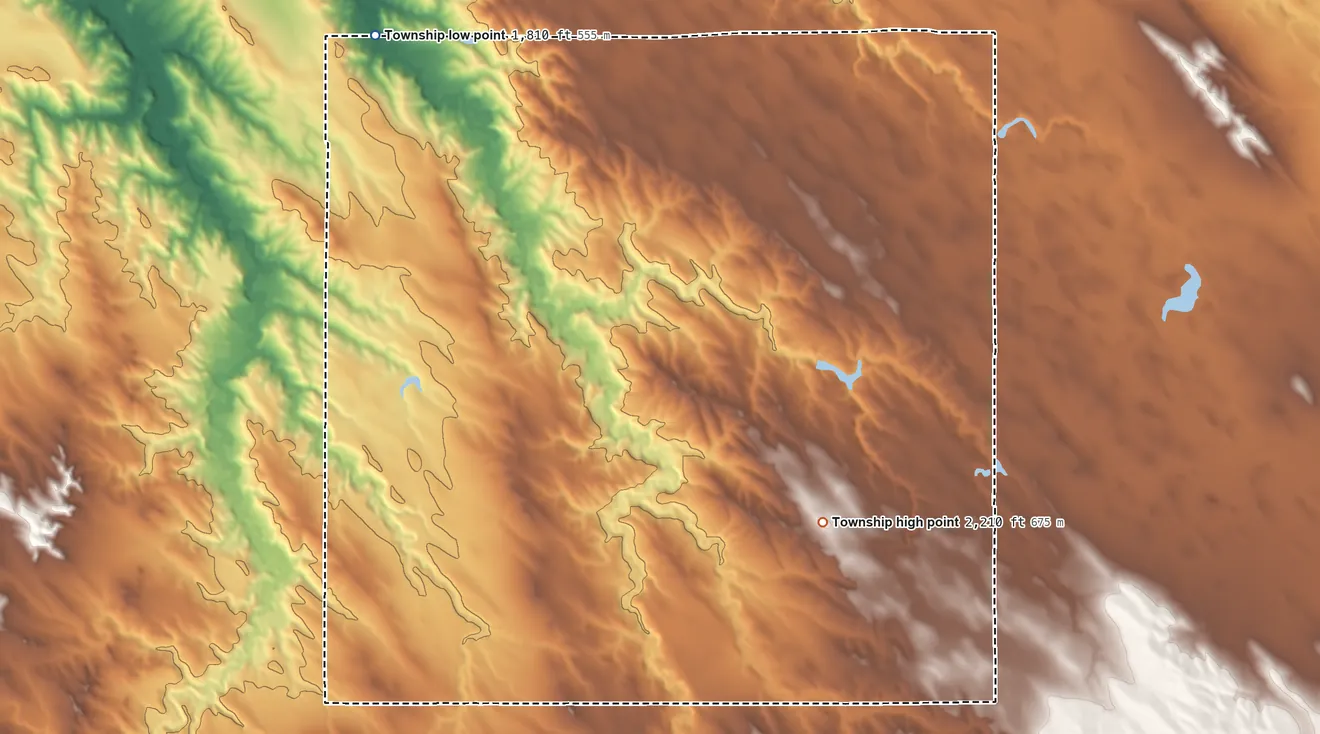 Topographic elevation map of Kolls Township, South Dakota, shaded from 1,810 ft on the northwest side to 2,210 ft on the southwest side