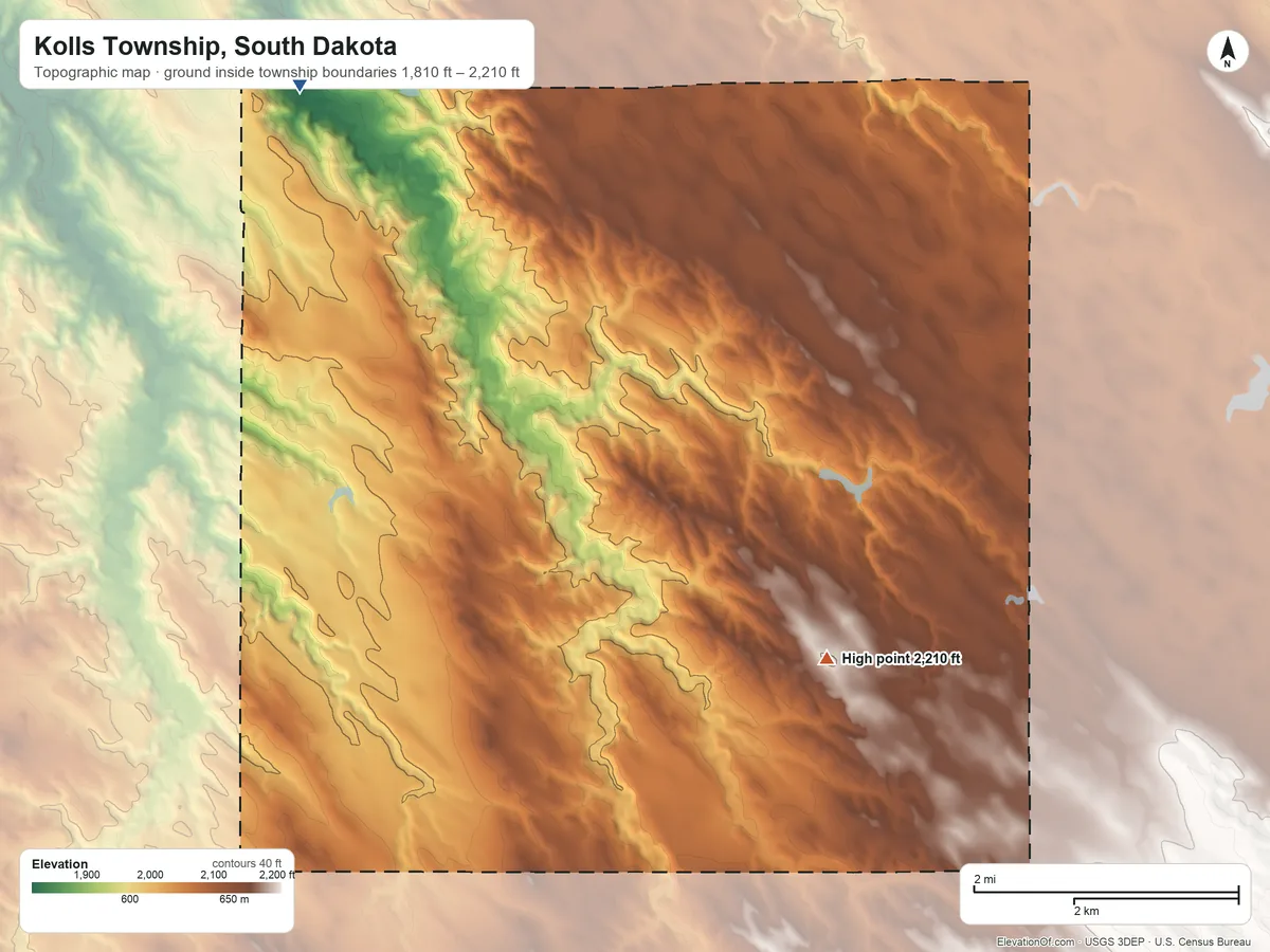 Topographic elevation map of Kolls Township, South Dakota, shaded from 1,810 ft on the northwest side to 2,210 ft on the southwest side