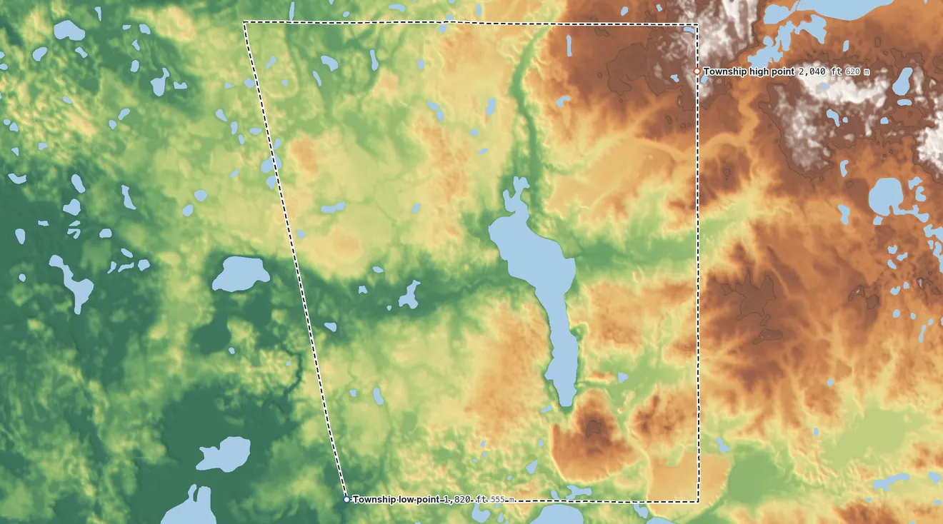 Topographic elevation map of Kosciusko Township, South Dakota, shaded from 1,820 ft on the southwest side to 2,040 ft on the northeast side