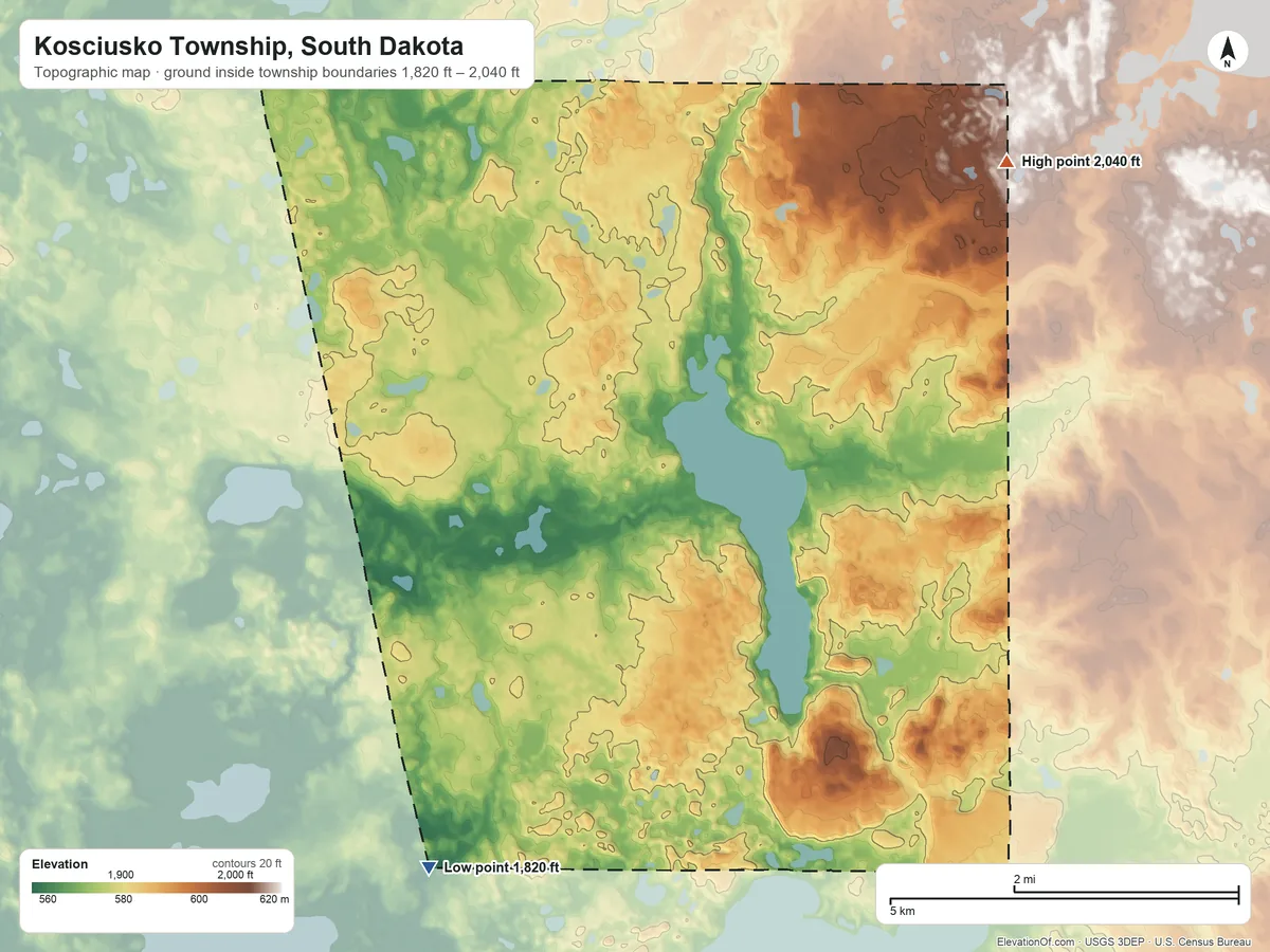 Topographic elevation map of Kosciusko Township, South Dakota, shaded from 1,820 ft on the southwest side to 2,040 ft on the northeast side