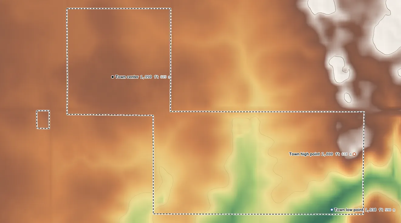 Topographic elevation map of Kranzburg, South Dakota, shaded from 1,930 ft on the southeast side to 2,000 ft on the east side
