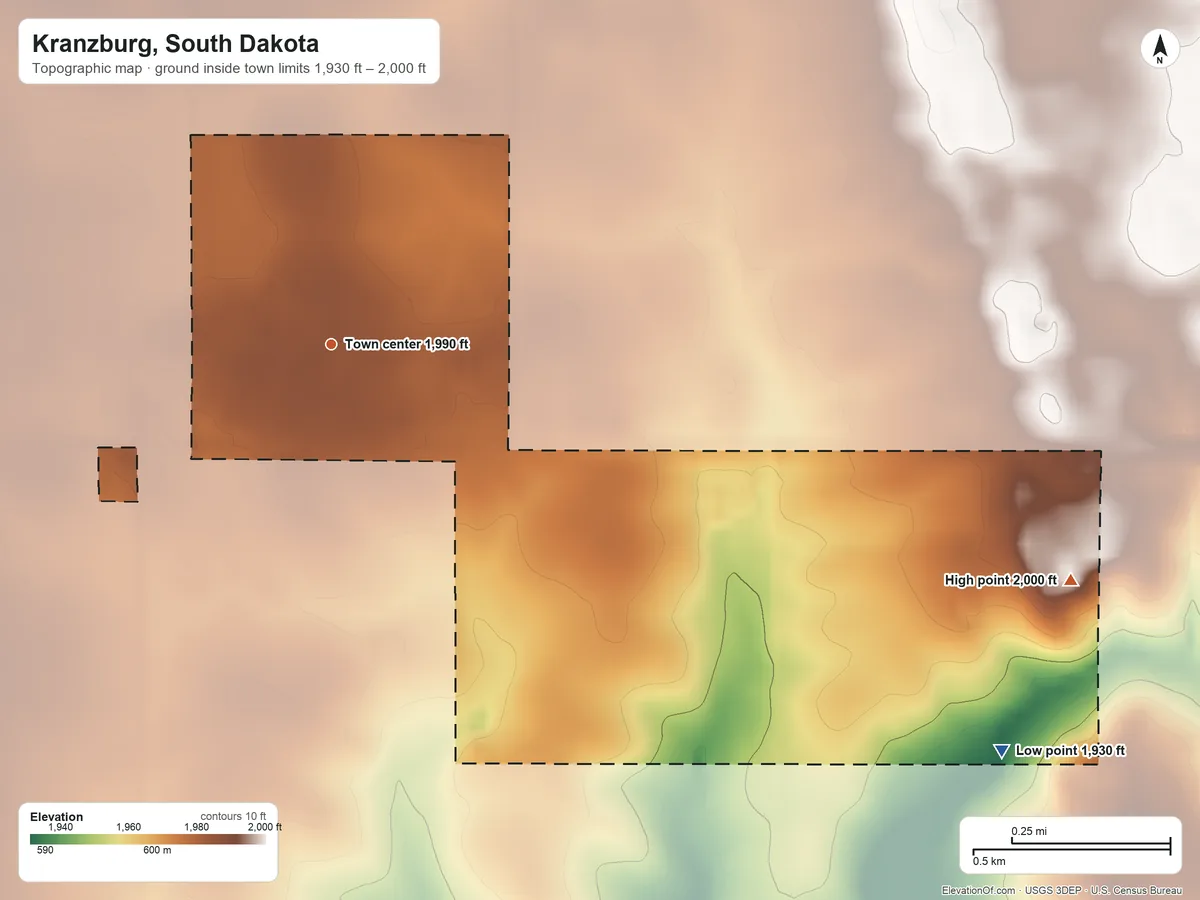 Topographic elevation map of Kranzburg, South Dakota, shaded from 1,930 ft on the southeast side to 2,000 ft on the east side
