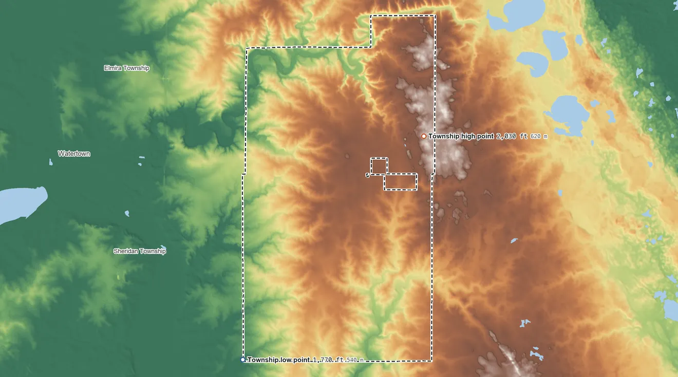 Topographic elevation map of Kranzburg Township, South Dakota, shaded from 1,770 ft on the southwest side to 2,030 ft on the northeast side