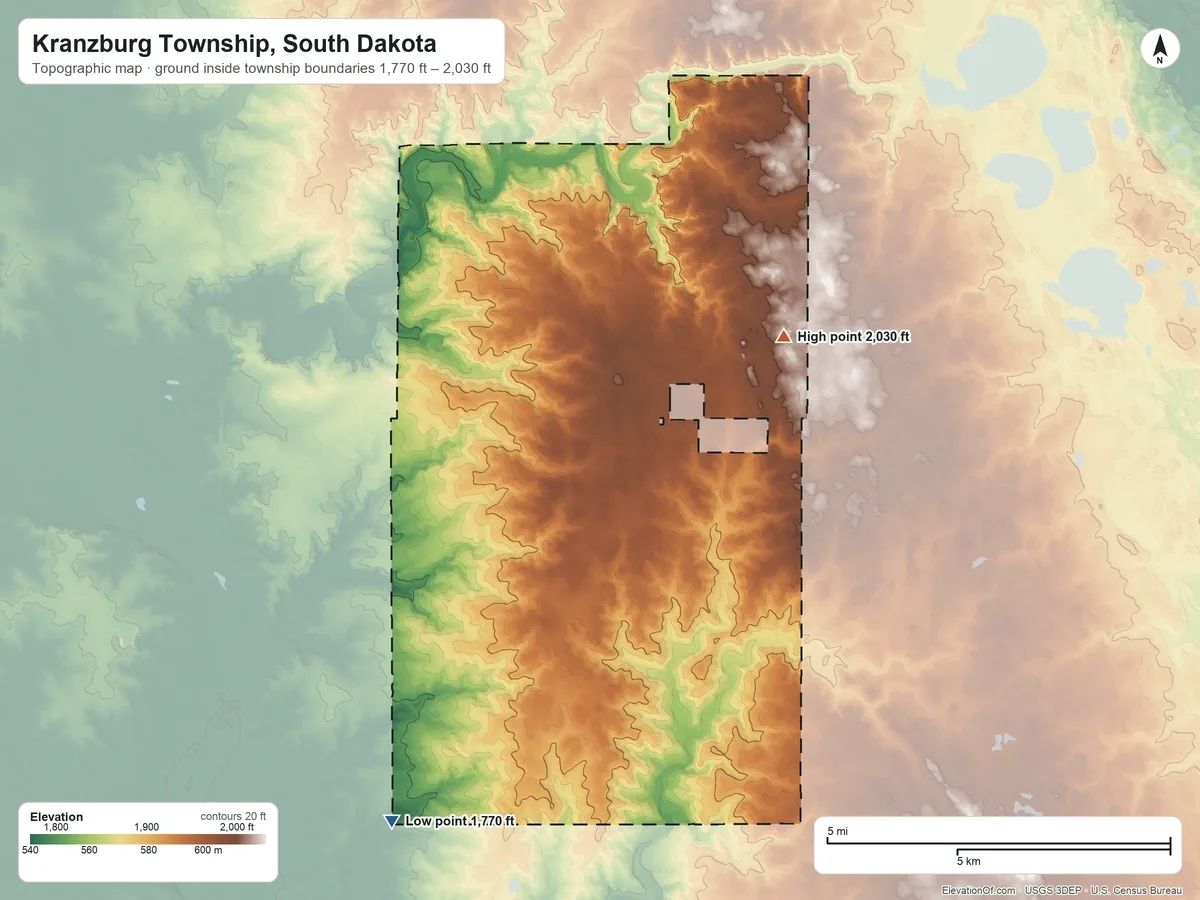 Topographic elevation map of Kranzburg Township, South Dakota, shaded from 1,770 ft on the southwest side to 2,030 ft on the northeast side