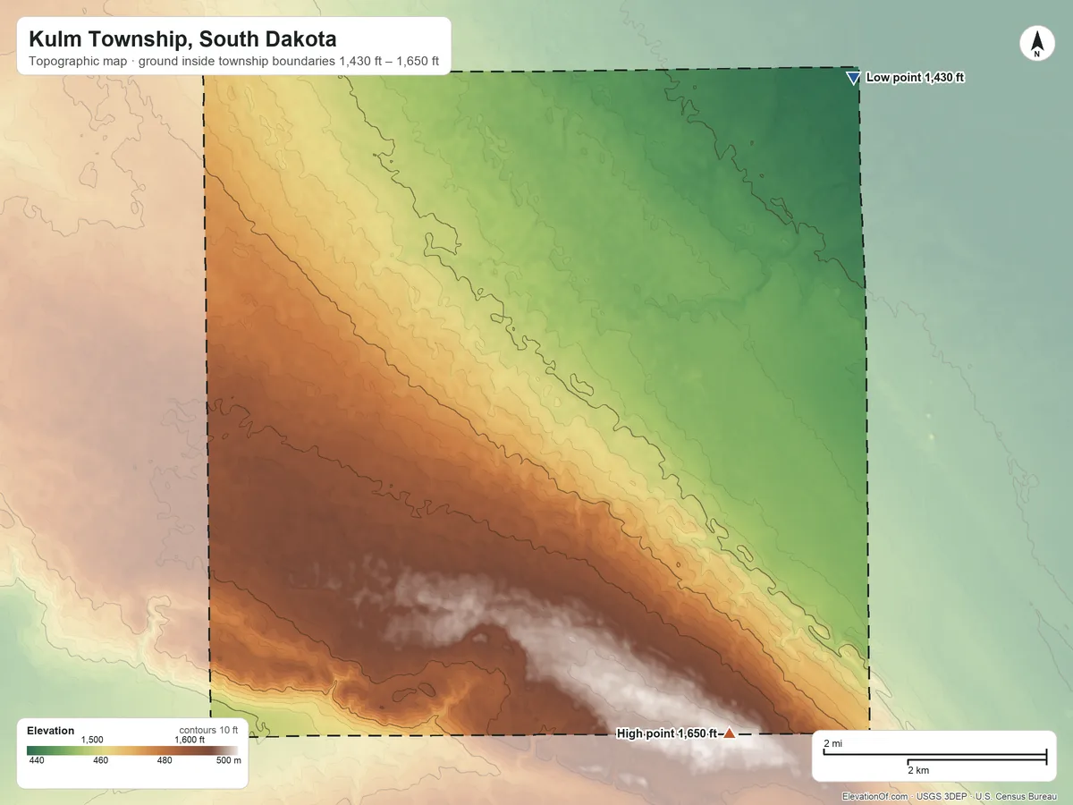 Topographic elevation map of Kulm Township, South Dakota, shaded from 1,430 ft on the northeast side to 1,650 ft on the southeast side
