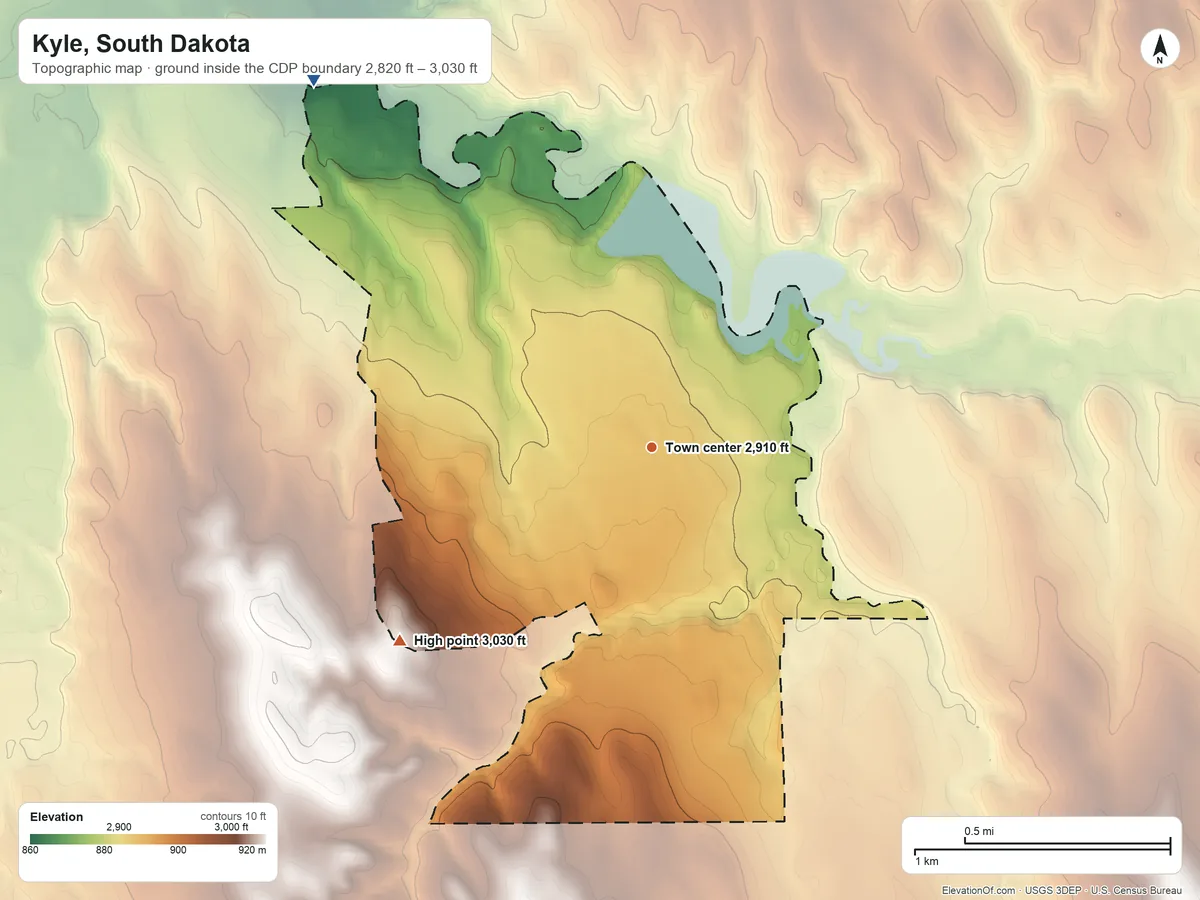 Topographic elevation map of Kyle, South Dakota, shaded from 2,820 ft on the northwest side to 3,030 ft on the southwest side