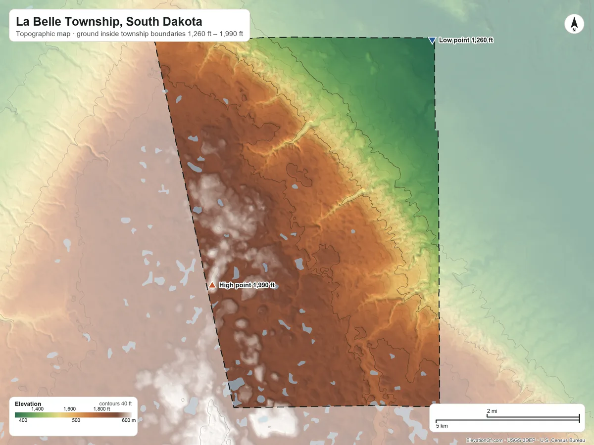 Topographic elevation map of La Belle Township, South Dakota, shaded from 1,260 ft on the northeast side to 1,990 ft on the west side