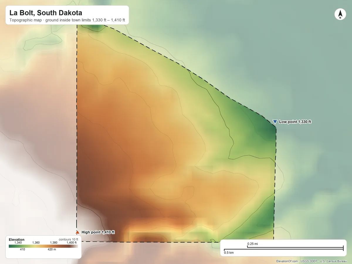 Topographic elevation map of La Bolt, South Dakota, shaded from 1,330 ft on the east side to 1,410 ft on the southwest side