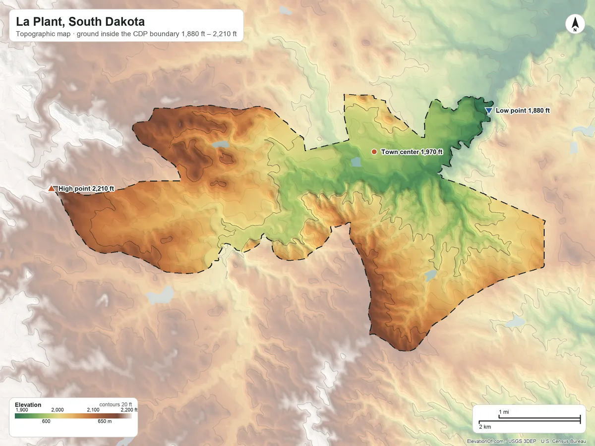Topographic elevation map of La Plant, South Dakota, shaded from 1,880 ft on the east side to 2,210 ft on the west side