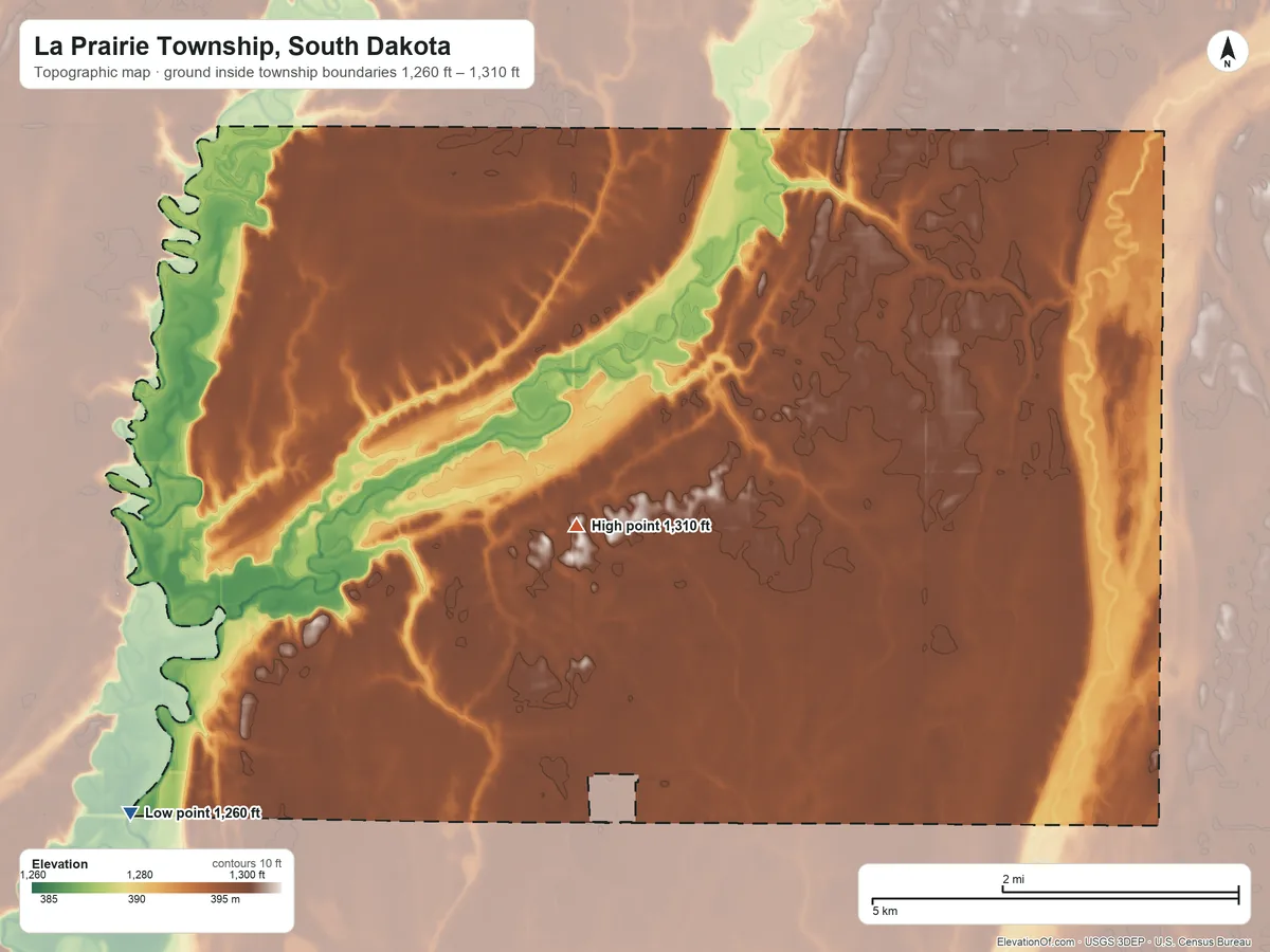 Topographic elevation map of La Prairie Township, South Dakota, shaded from 1,260 ft on the southwest side to 1,310 ft on the west side