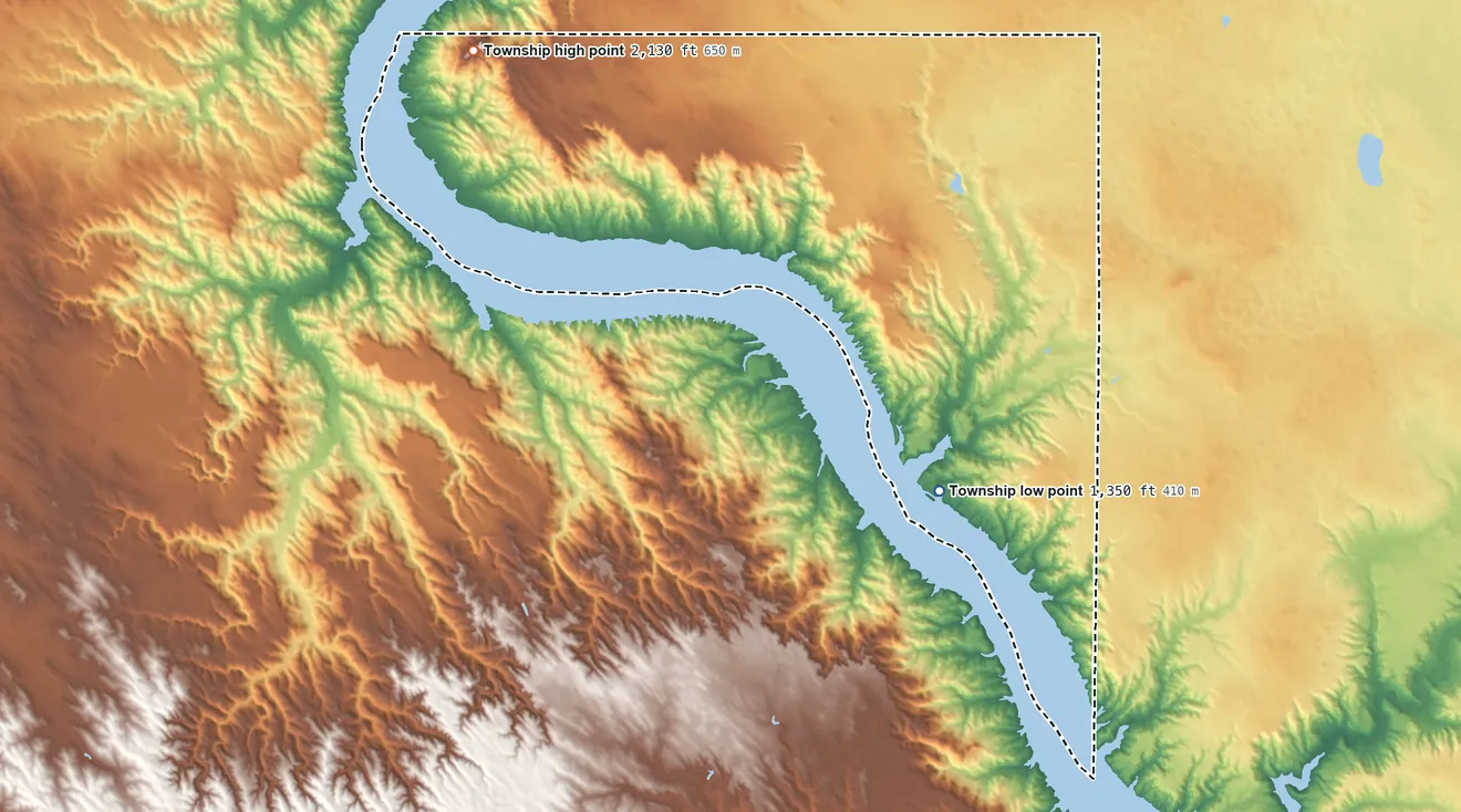 Topographic elevation map of La Roche Township, South Dakota, shaded from 1,350 ft on the south side to 2,130 ft on the west side