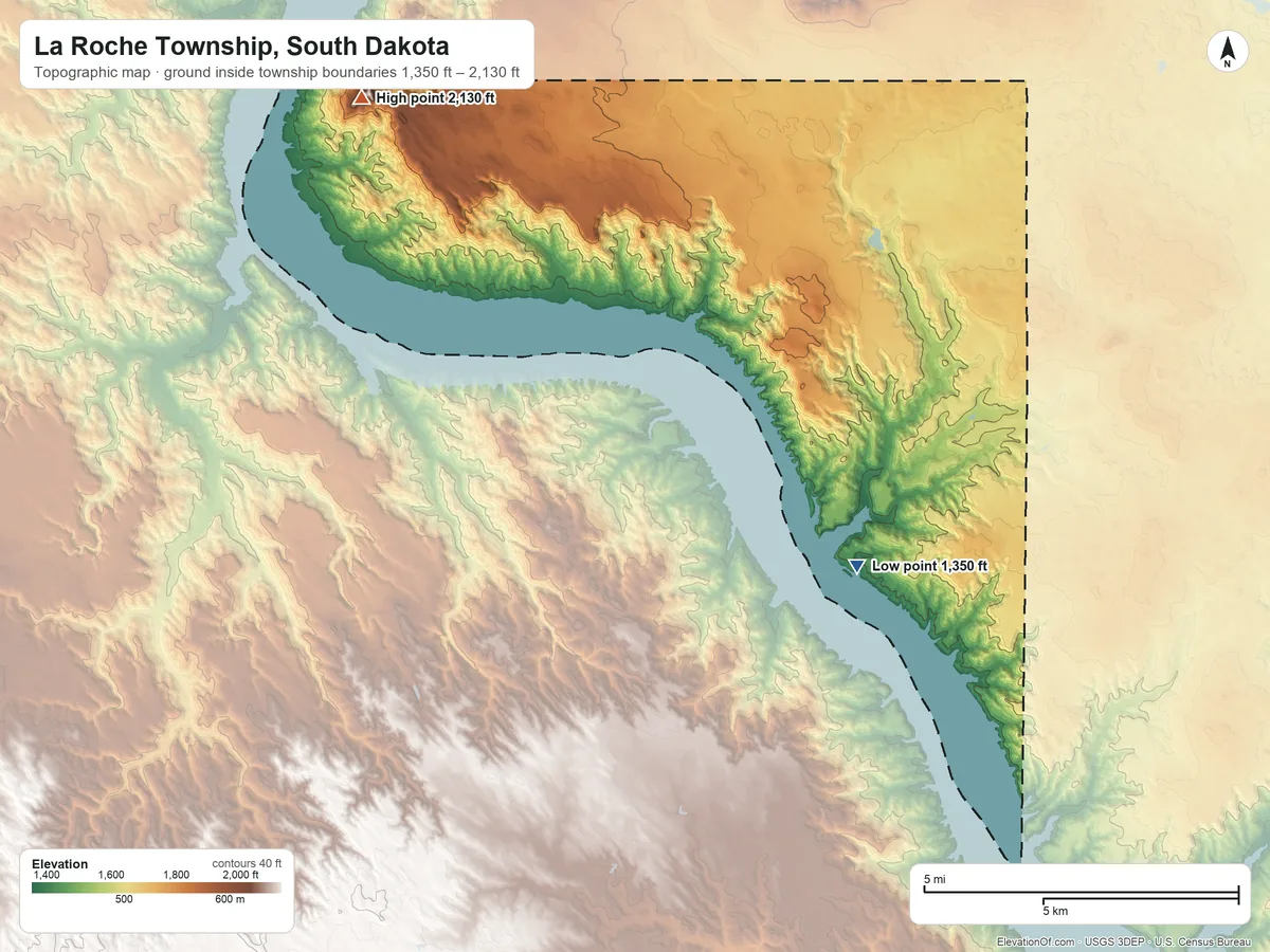 Topographic elevation map of La Roche Township, South Dakota, shaded from 1,350 ft on the south side to 2,130 ft on the west side