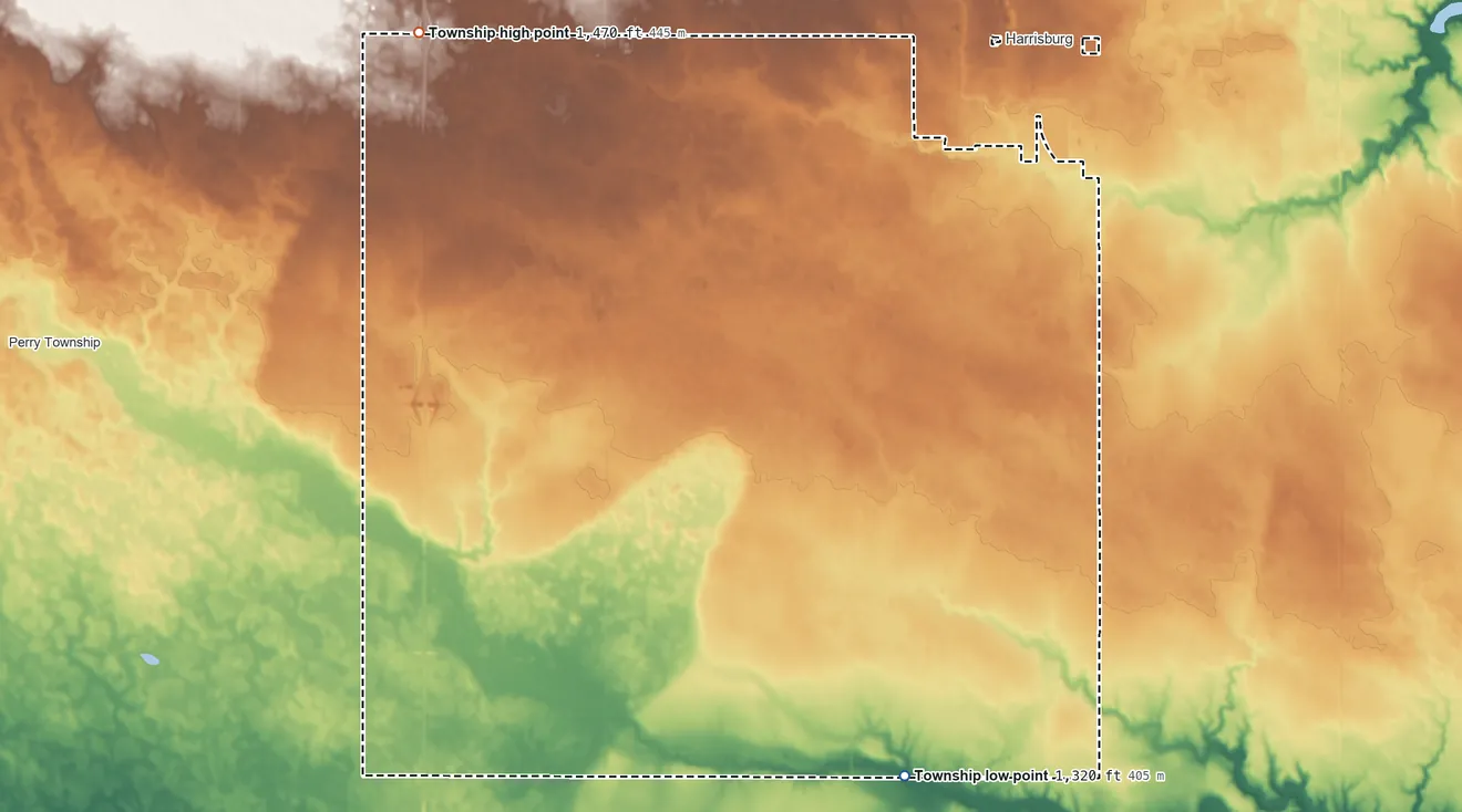 Topographic elevation map of La Valley Township, South Dakota, shaded from 1,320 ft on the southeast side to 1,470 ft on the northwest side