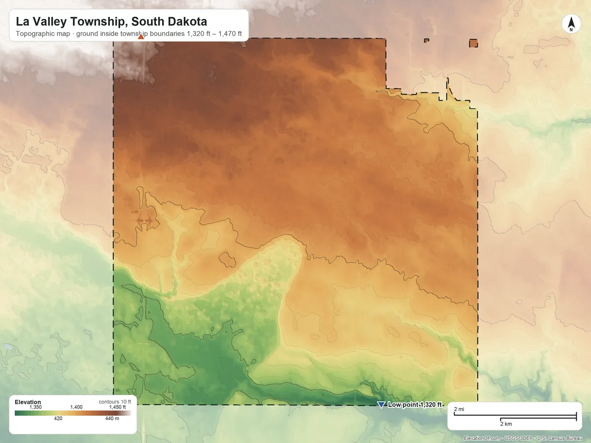 Topographic elevation map of La Valley Township, South Dakota, shaded from 1,320 ft on the southeast side to 1,470 ft on the northwest side