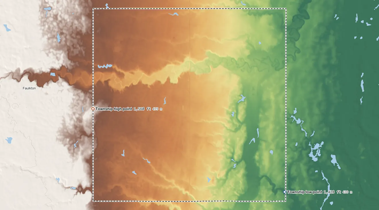 Topographic elevation map of Lafoon Township, South Dakota, shaded from 1,420 ft on the southeast side to 1,560 ft on the west side