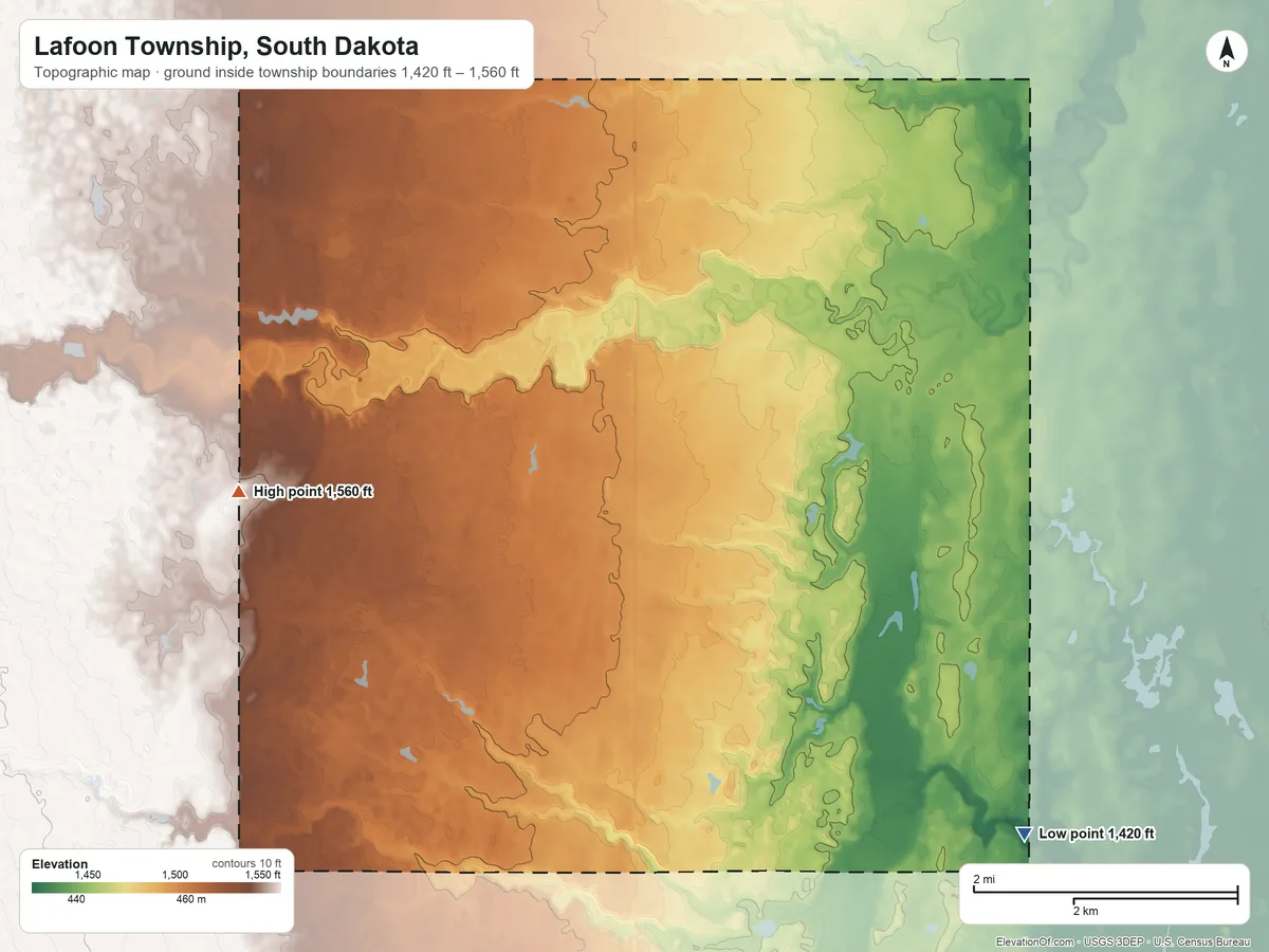 Topographic elevation map of Lafoon Township, South Dakota, shaded from 1,420 ft on the southeast side to 1,560 ft on the west side