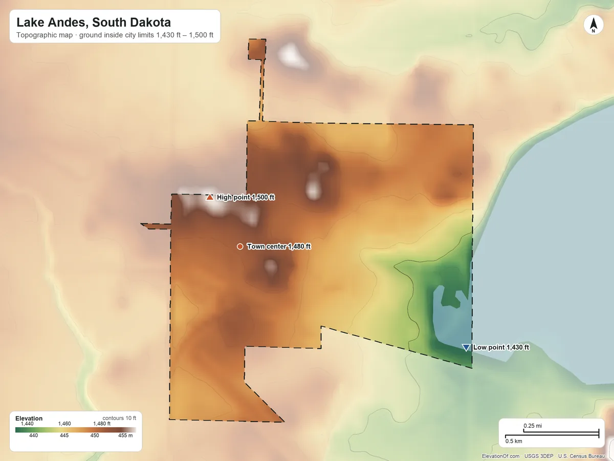 Topographic elevation map of Lake Andes, South Dakota, shaded from 1,430 ft on the southeast side to 1,500 ft on the northwest side