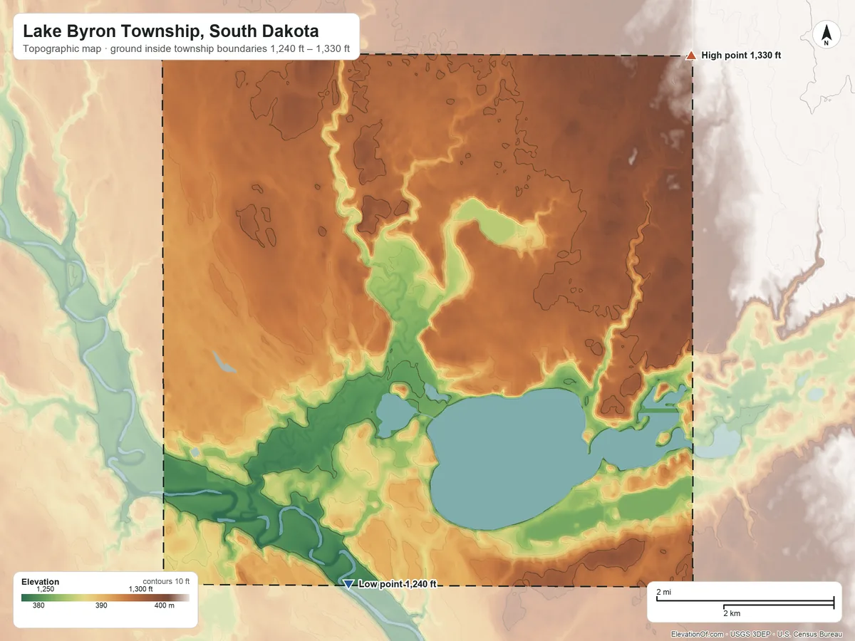 Topographic elevation map of Lake Byron Township, South Dakota, shaded from 1,240 ft on the southwest side to 1,330 ft on the northeast side