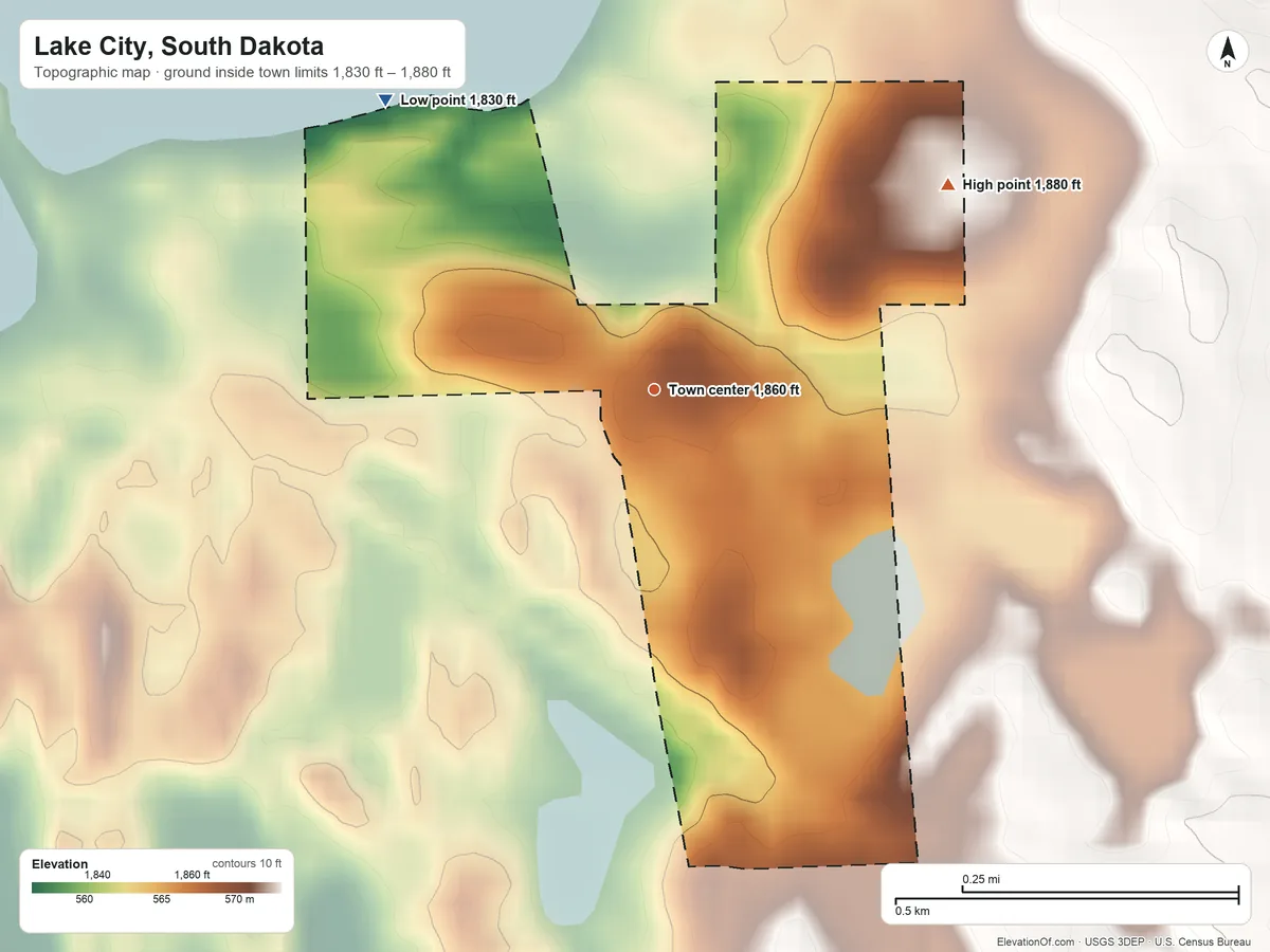 Topographic elevation map of Lake City, South Dakota, shaded from 1,830 ft on the northwest side to 1,880 ft on the northeast side