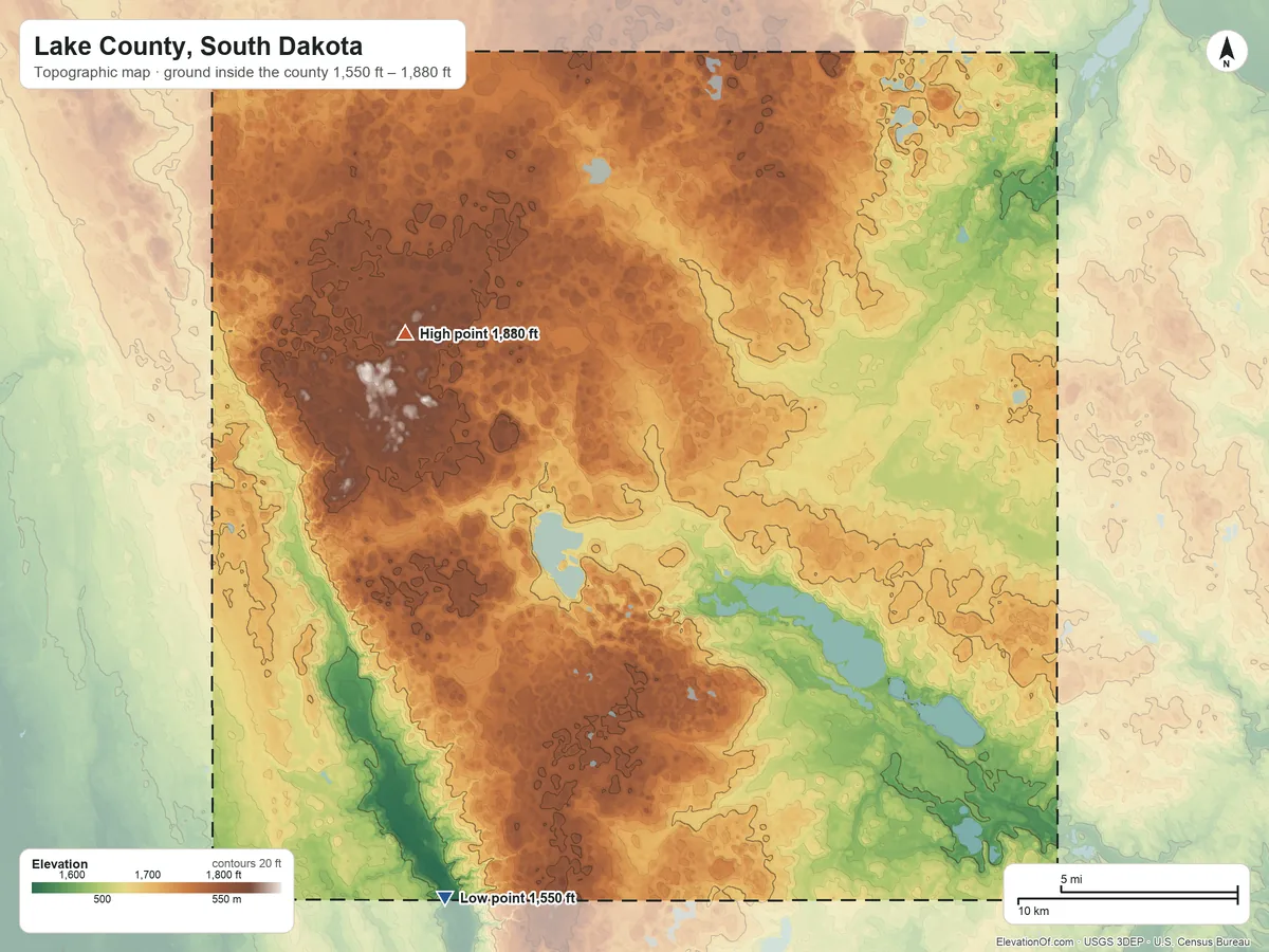 Topographic elevation map of Lake County, South Dakota, shaded from 1,550 ft on the southwest side to 1,880 ft on the northwest side