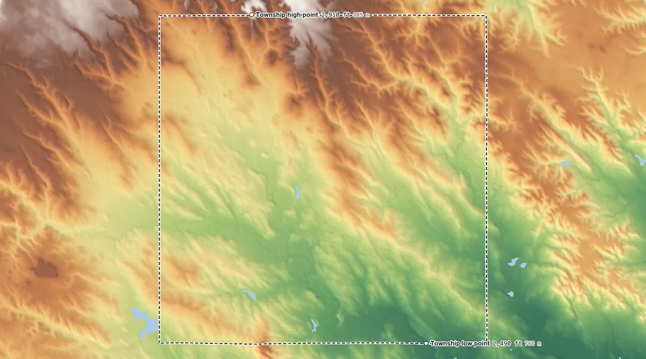 Topographic elevation map of Lake Creek Township, South Dakota, shaded from 2,490 ft on the southeast side to 2,910 ft on the north side