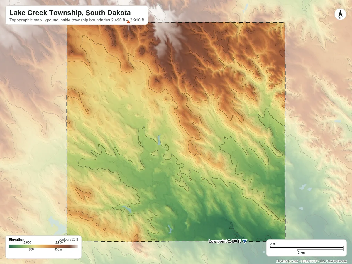 Topographic elevation map of Lake Creek Township, South Dakota, shaded from 2,490 ft on the southeast side to 2,910 ft on the north side