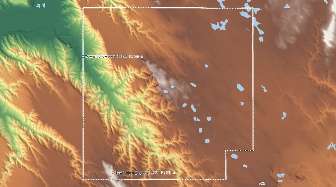Topographic elevation map of Lake Flat Township, South Dakota, shaded from 2,350 ft on the west side to 2,910 ft on the south side