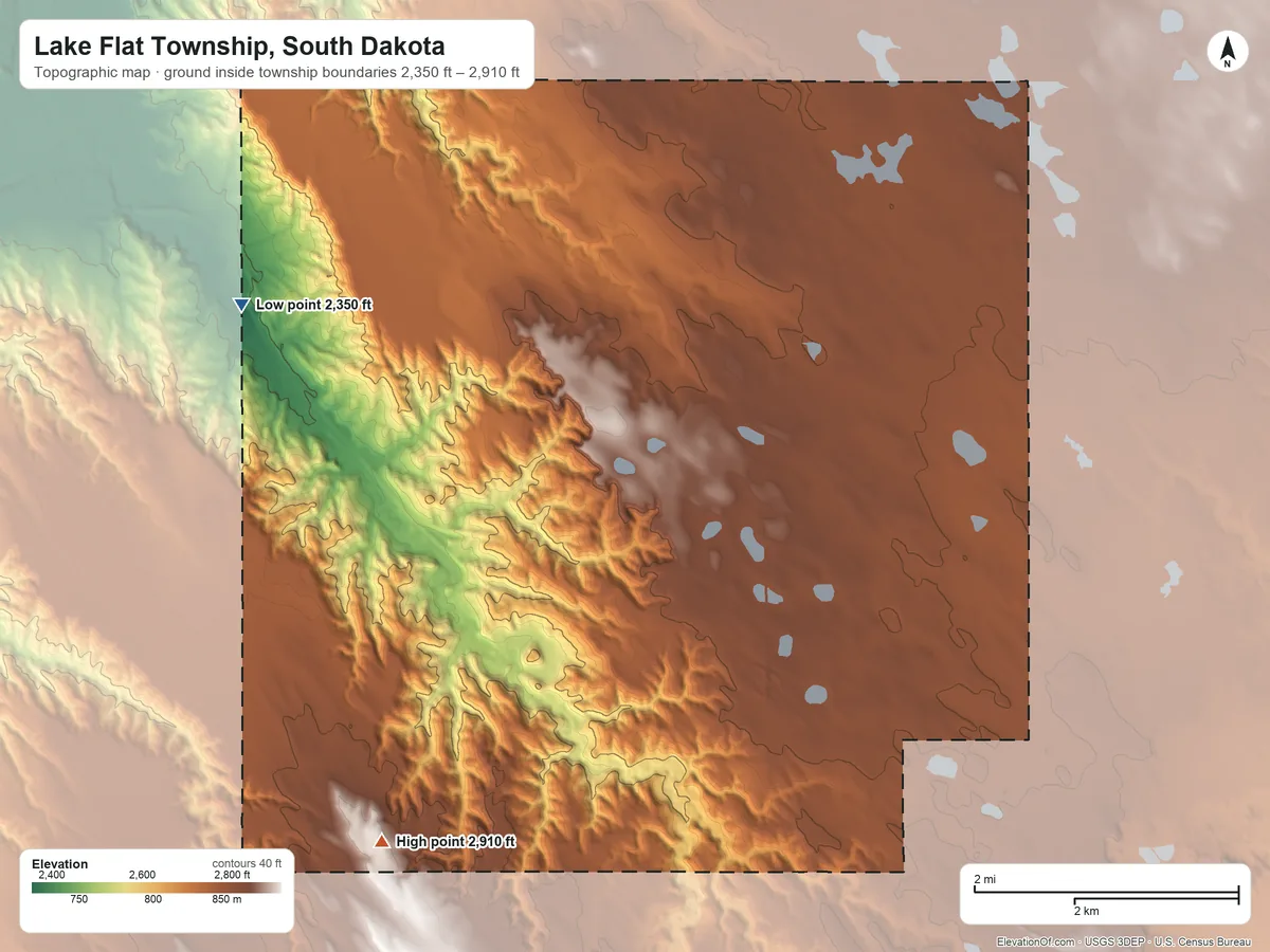 Topographic elevation map of Lake Flat Township, South Dakota, shaded from 2,350 ft on the west side to 2,910 ft on the south side