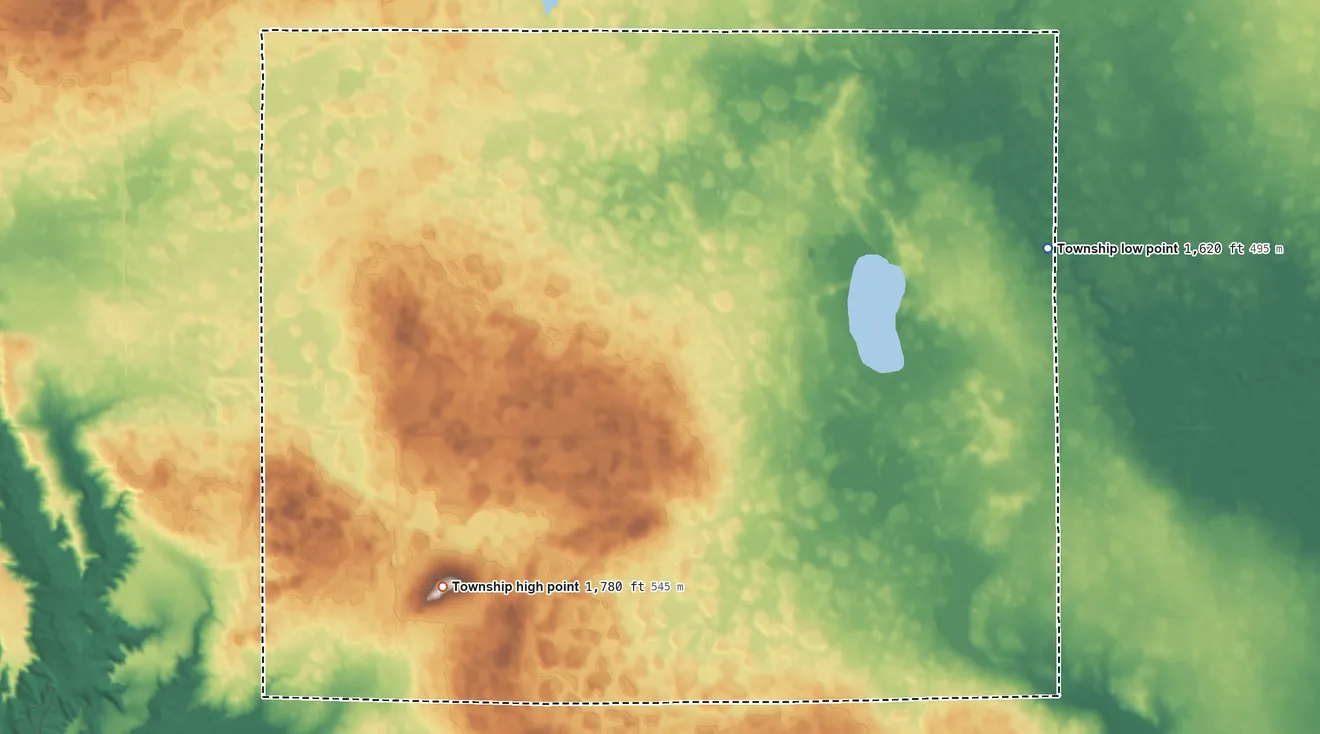 Topographic elevation map of Lake George Township, South Dakota, shaded from 1,620 ft on the east side to 1,780 ft on the south side