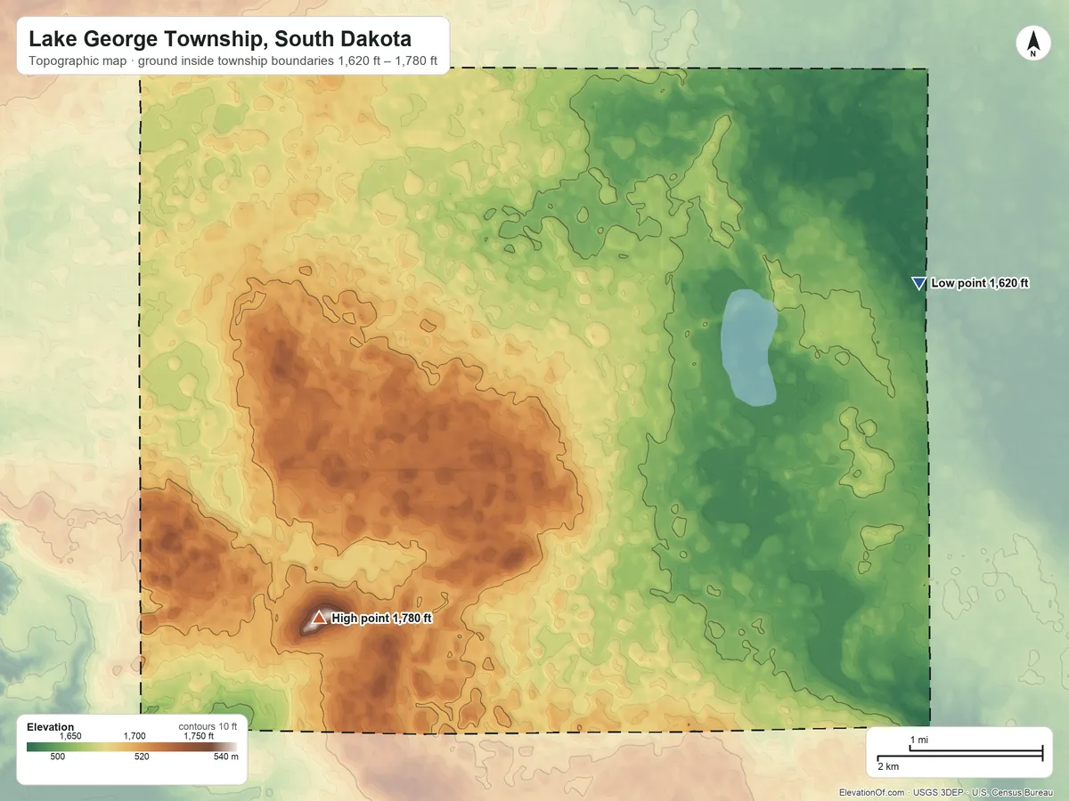 Topographic elevation map of Lake George Township, South Dakota, shaded from 1,620 ft on the east side to 1,780 ft on the south side