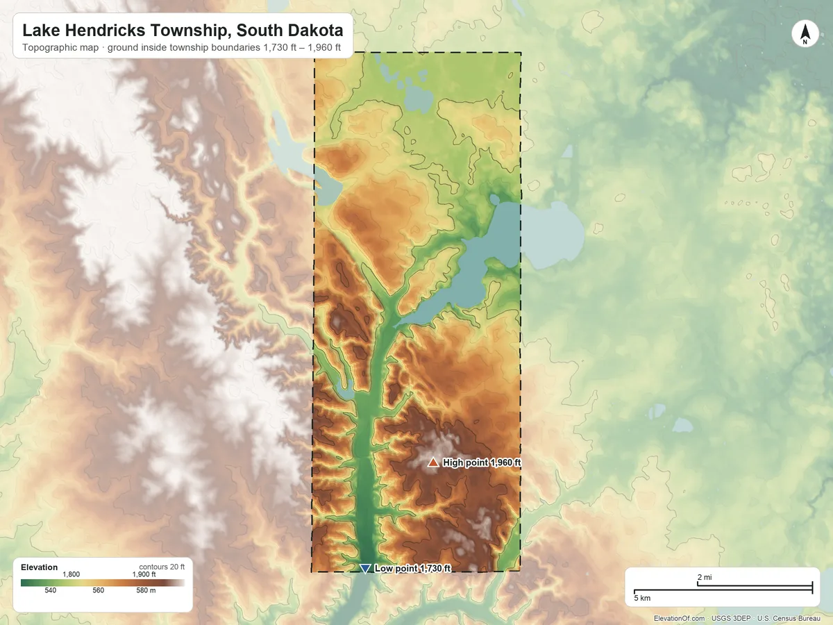 Topographic elevation map of Lake Hendricks Township, South Dakota, shaded from 1,730 ft on the south side to 1,960 ft on the south side