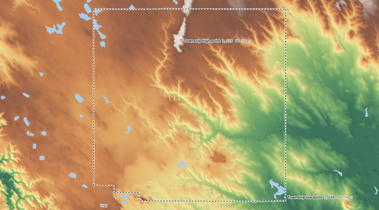 Topographic elevation map of Lake Hill Township, South Dakota, shaded from 2,600 ft on the southeast side to 2,920 ft on the north side