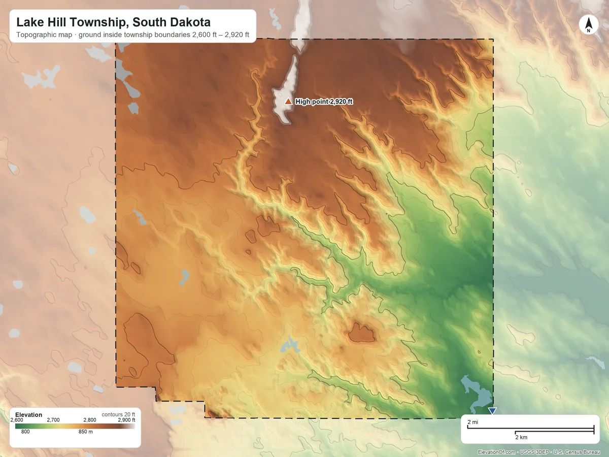 Topographic elevation map of Lake Hill Township, South Dakota, shaded from 2,600 ft on the southeast side to 2,920 ft on the north side