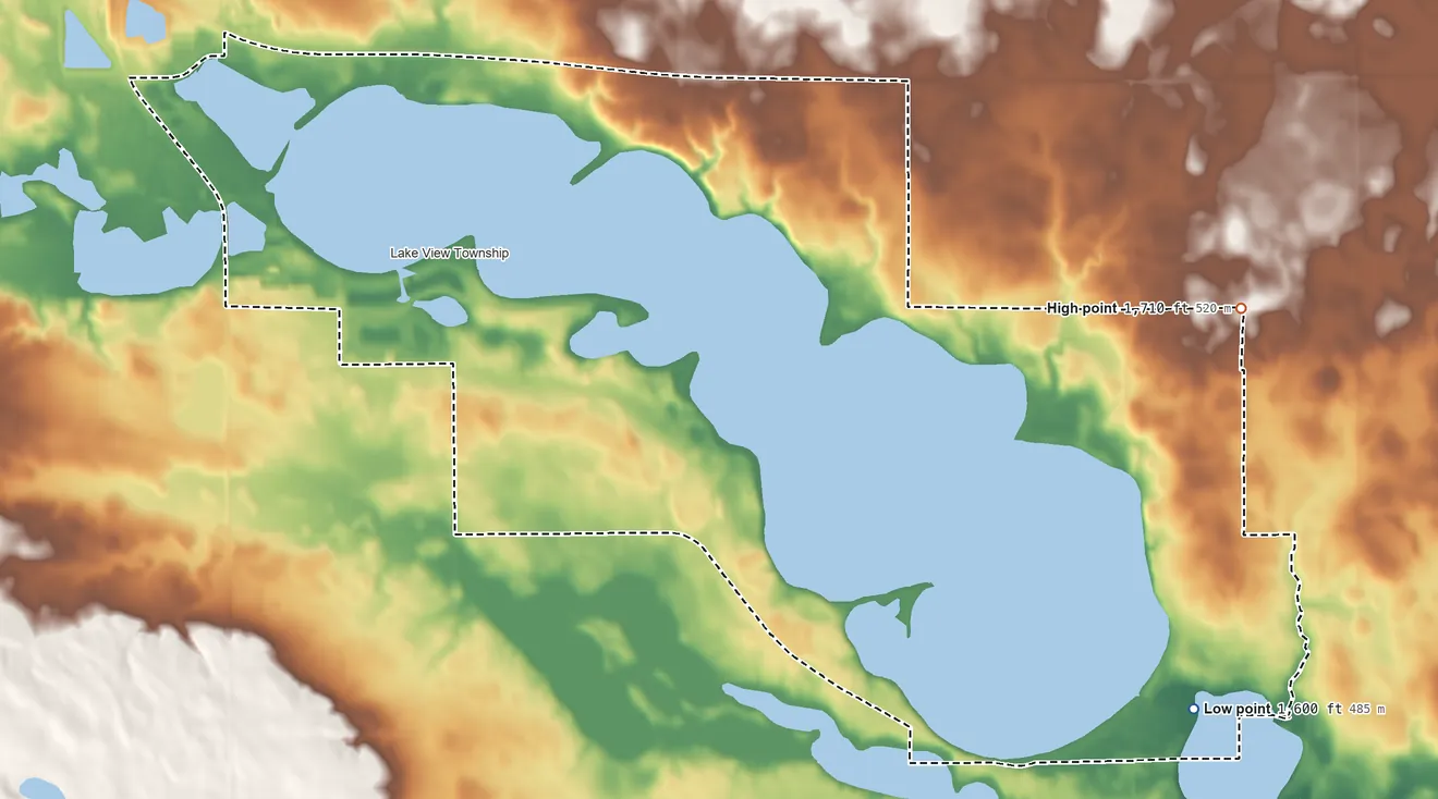Topographic elevation map of Lake Madison, South Dakota, shaded from 1,600 ft on the southeast side to 1,710 ft on the east side