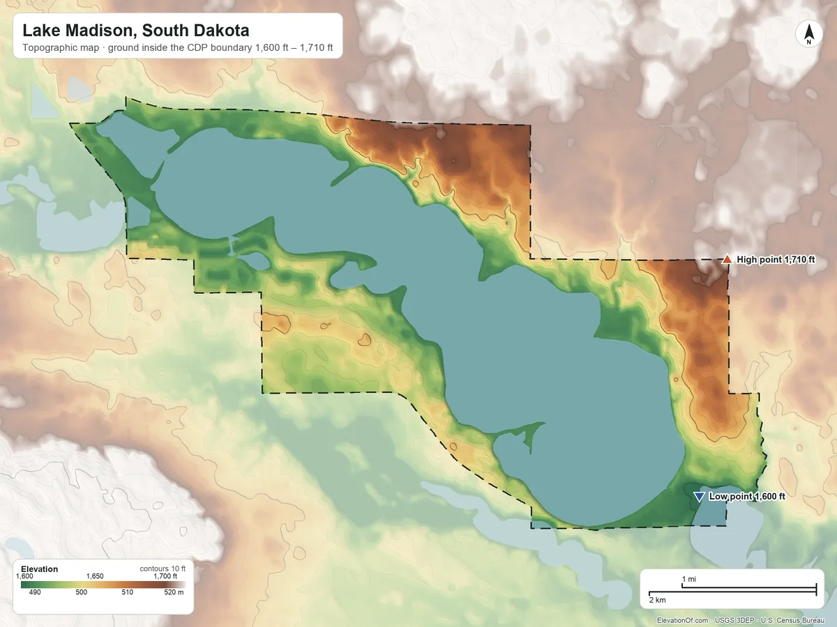 Topographic elevation map of Lake Madison, South Dakota, shaded from 1,600 ft on the southeast side to 1,710 ft on the east side