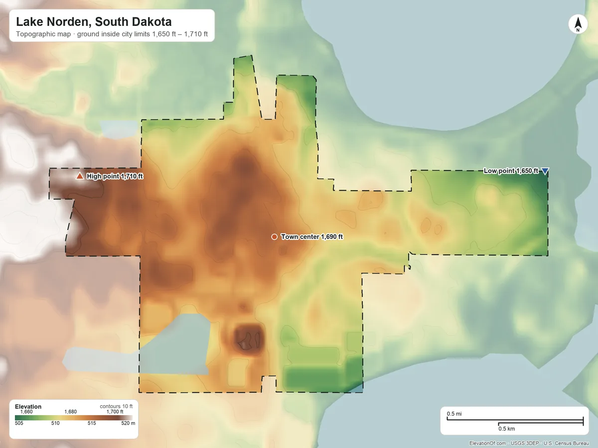 Topographic elevation map of Lake Norden, South Dakota, shaded from 1,650 ft on the east side to 1,710 ft on the west side