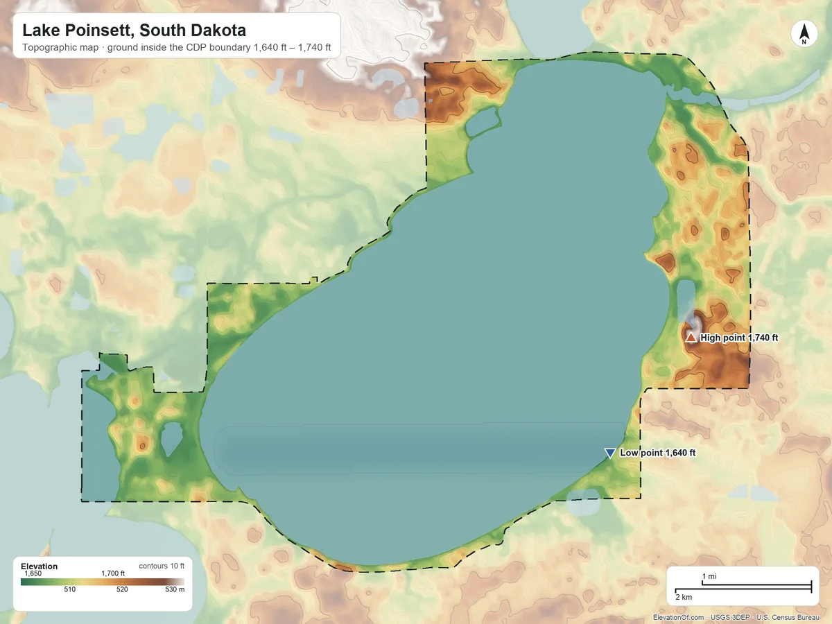 Topographic elevation map of Lake Poinsett, South Dakota, shaded from 1,640 ft on the southeast side to 1,740 ft on the southeast side