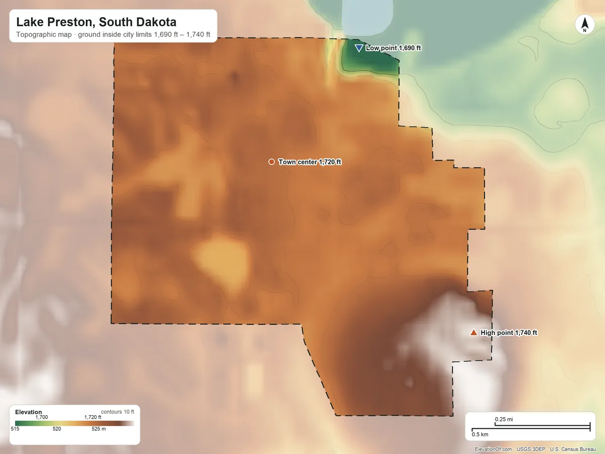 Topographic elevation map of Lake Preston, South Dakota, shaded from 1,690 ft on the northeast side to 1,740 ft on the southeast side