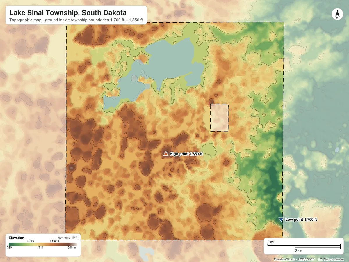 Topographic elevation map of Lake Sinai Township, South Dakota, shaded from 1,700 ft on the southeast side to 1,850 ft on the southwest side