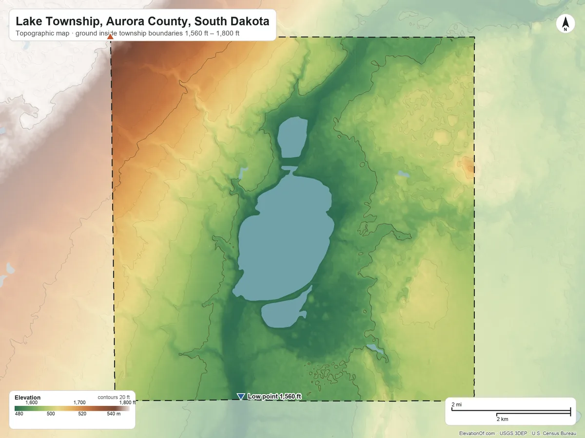 Topographic elevation map of Lake Township, Aurora County, South Dakota, shaded from 1,560 ft on the south side to 1,800 ft on the northwest side