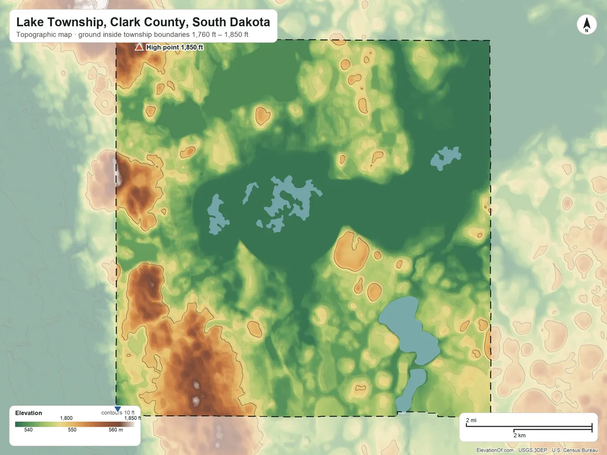 Topographic elevation map of Lake Township, Clark County, South Dakota, shaded from 1,760 ft on the southwest side to 1,850 ft on the northwest side