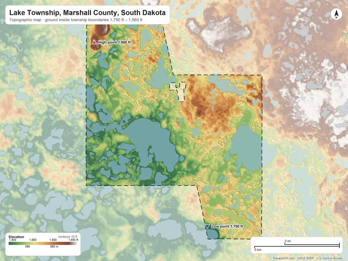Topographic elevation map of Lake Township, Marshall County, South Dakota, shaded from 1,790 ft on the south side to 1,960 ft on the northwest side