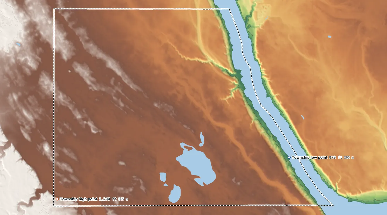 Topographic elevation map of Lake Township, Roberts County, South Dakota, shaded from 970 ft on the east side to 1,200 ft on the southwest side