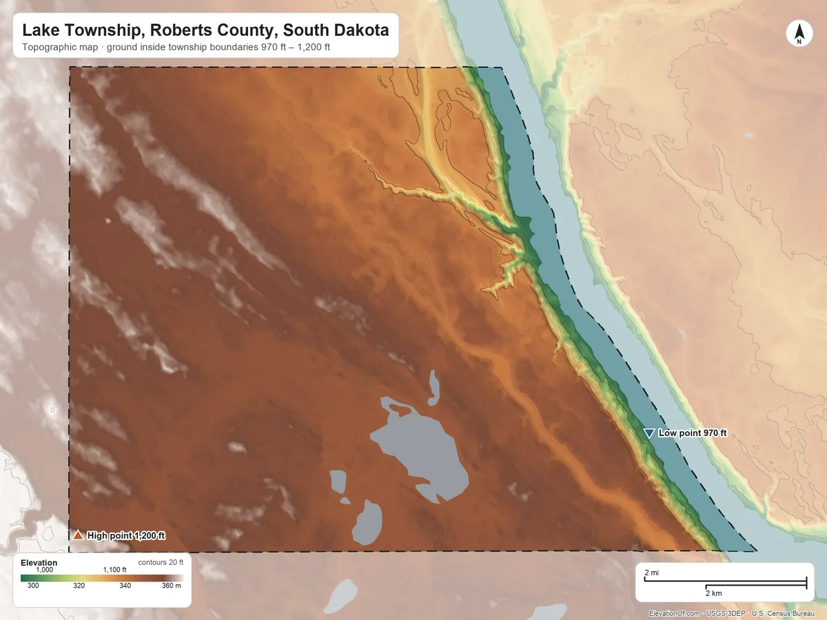 Topographic elevation map of Lake Township, Roberts County, South Dakota, shaded from 970 ft on the east side to 1,200 ft on the southwest side