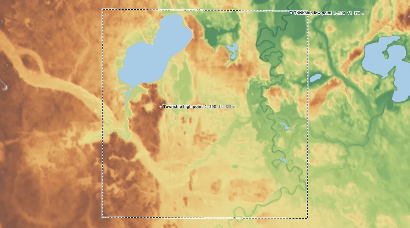 Topographic elevation map of Lake Township, Spink County, South Dakota, shaded from 1,290 ft on the northeast side to 1,390 ft on the west side