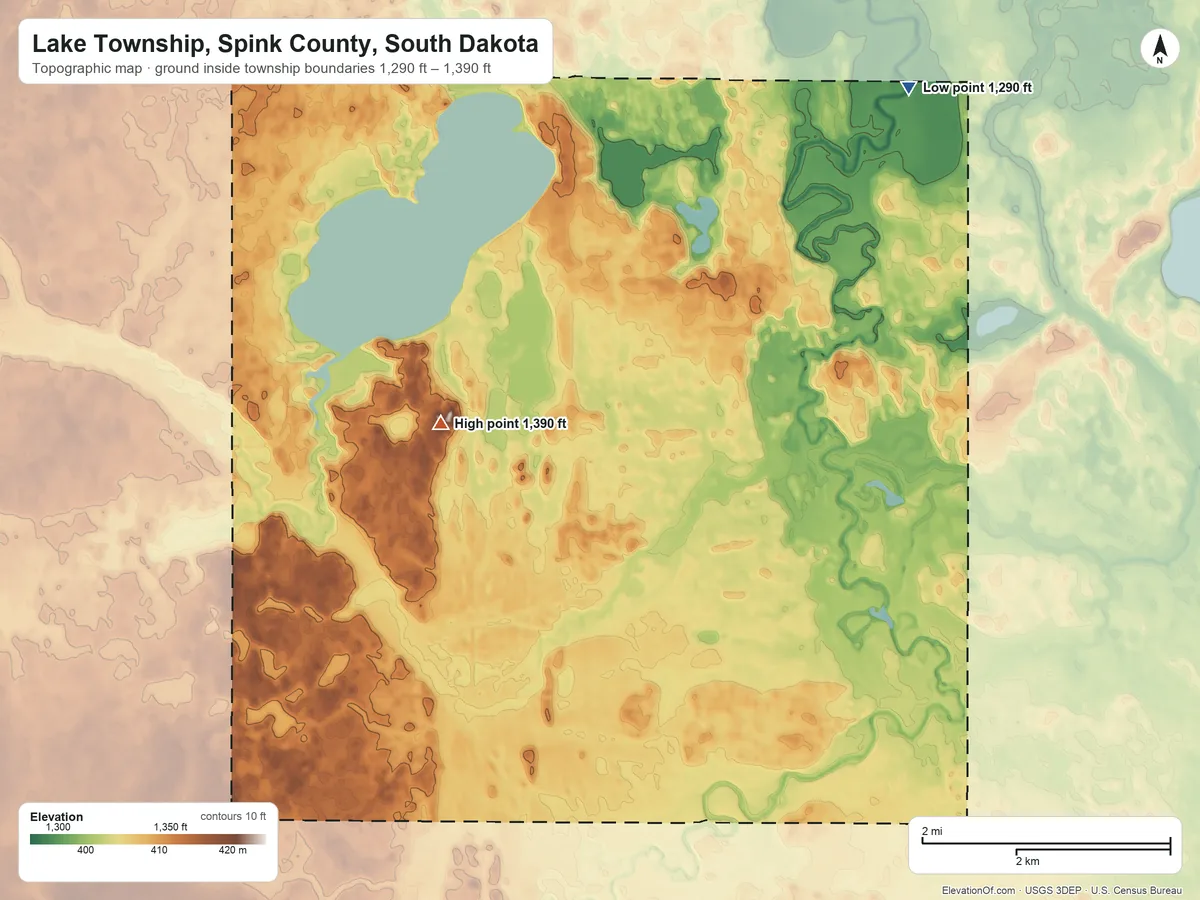 Topographic elevation map of Lake Township, Spink County, South Dakota, shaded from 1,290 ft on the northeast side to 1,390 ft on the west side