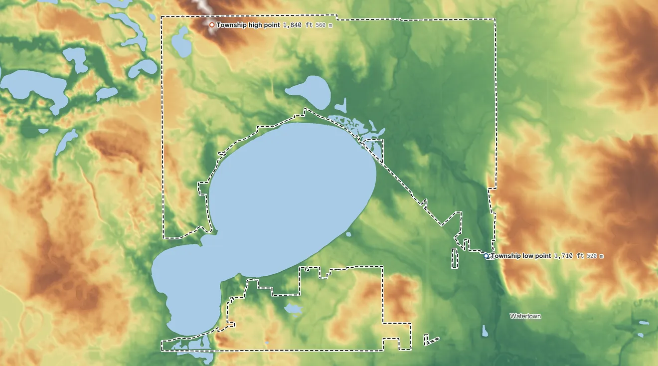 Topographic elevation map of Lake Township, South Dakota, shaded from 1,710 ft on the east side to 1,840 ft on the northwest side