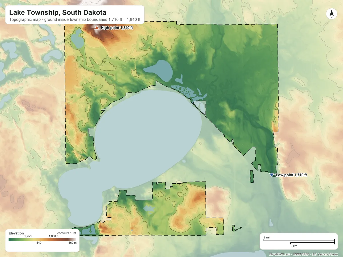 Topographic elevation map of Lake Township, South Dakota, shaded from 1,710 ft on the east side to 1,840 ft on the northwest side