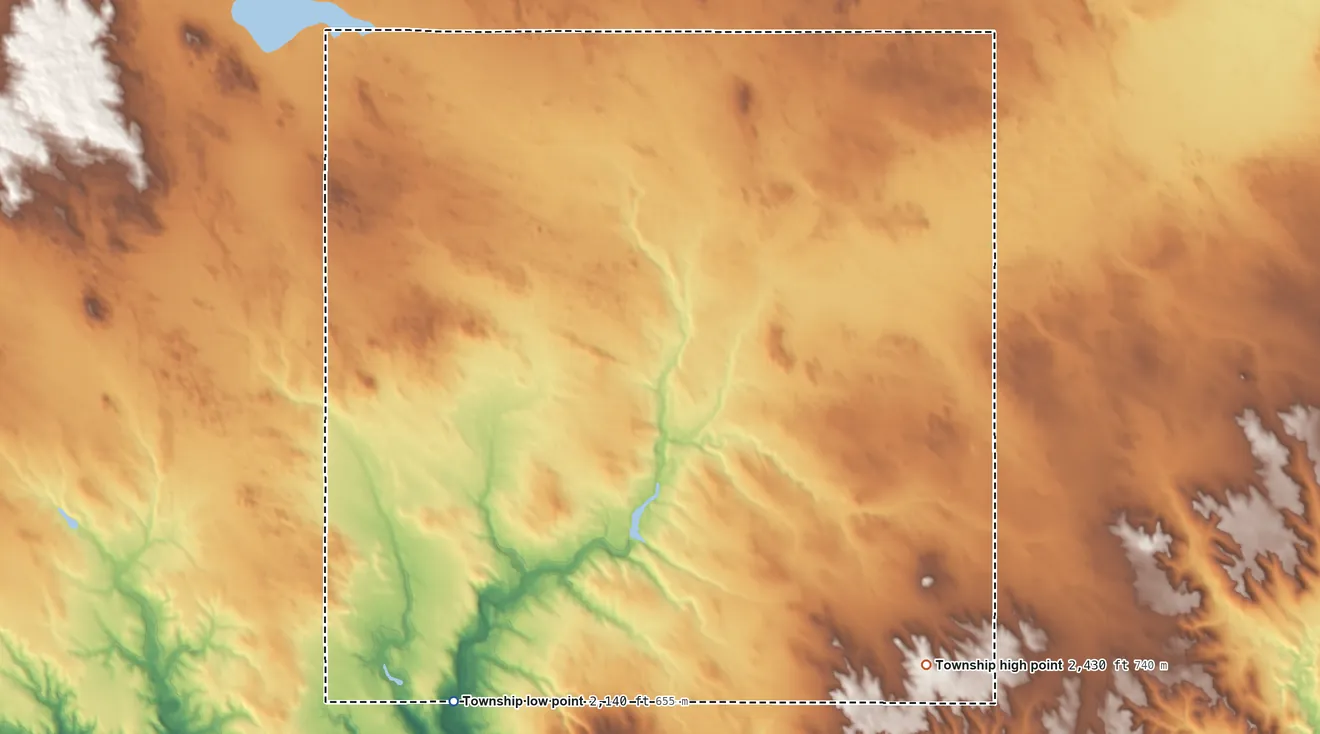 Topographic elevation map of Lake Township, Tripp County, South Dakota, shaded from 2,140 ft on the southwest side to 2,430 ft on the southeast side